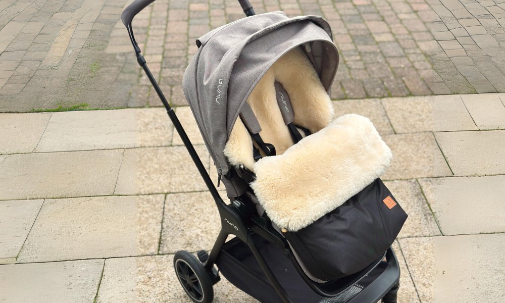 Sheepskin pram footmuff in the Nuna Triv