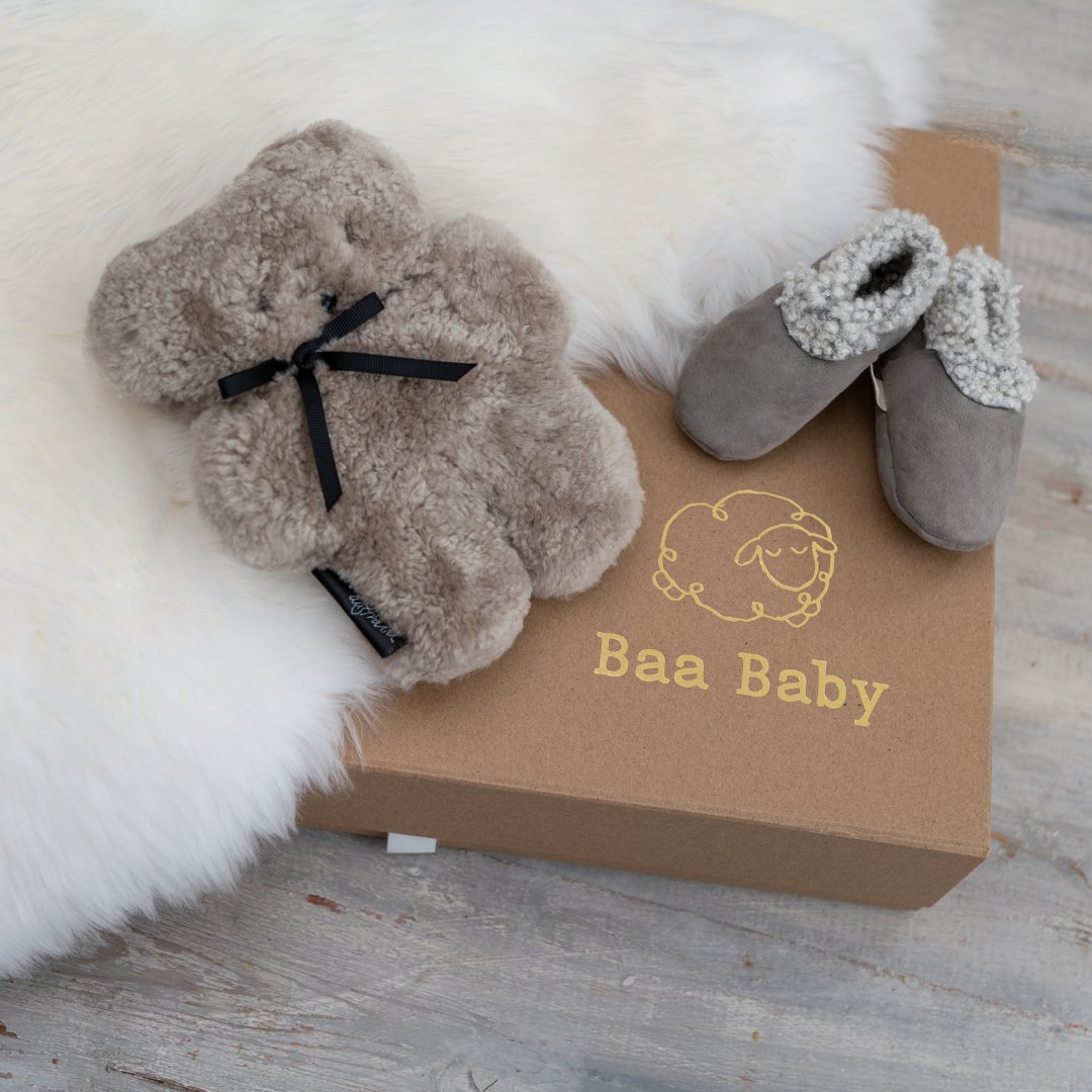 baa baby gift box sheepskin baby rug FLATOUT bear lambskin baby booties