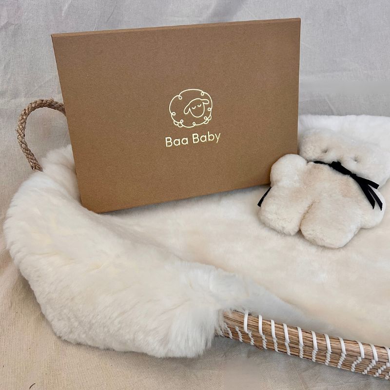 Baby Showe Gift box with gender neutral natural sheepskin pram or carrycot liner and milk sheepskin comforter bear, unique and sustainable