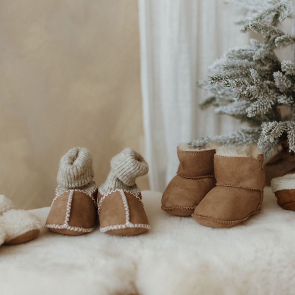 Teddy Boucle Merino Booties in gender neutral shades for newborns, babies and toddlers