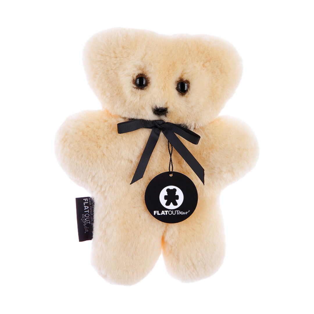 Front View of Natural Honey Lambskin FLATOUT Bear for Easy Grip with Baby Safe Eyes