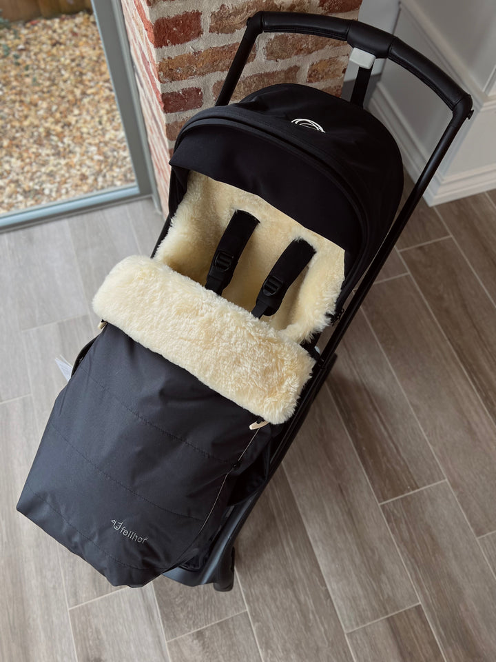 Sheepskin pram footmuff to fit the bugaboo dragonfly to provide a layer of softness and luxury in the colder monhts