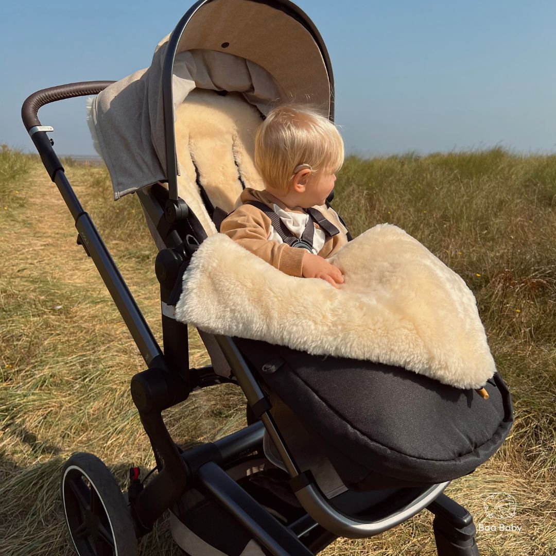 Sheepskin puffmuff pram footmuff in sumptuous milk lambskin