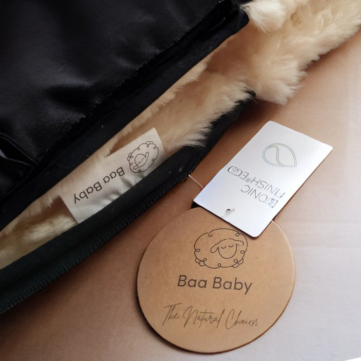 Baa Baby Original Sheepskin Footmuff | Black with Milk Lambskin Baa Baby