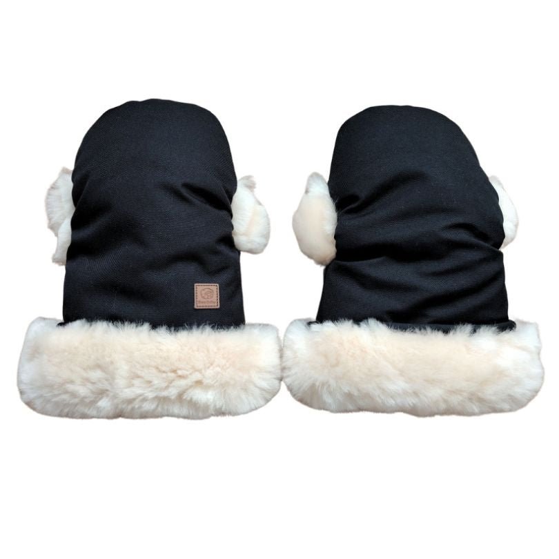 pram mittens in dark water resistant material and soft sheepskin lining