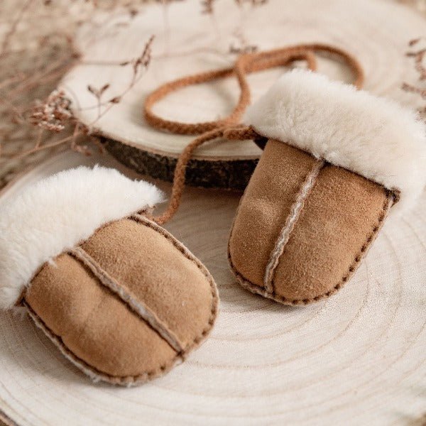 Baby Mittens on String in Chestnut Baa Baby Sheepskin