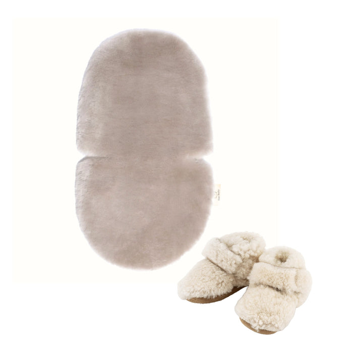 Baby Shower Pram Gift Set consisting of a luxury sheepskin pram liner and teddy merino booties