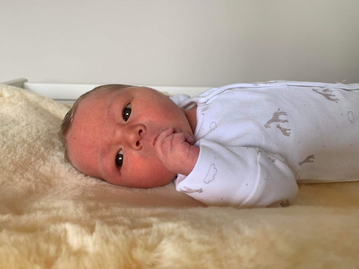 Gender Neutral, unique baby shower gift of sheepskin pram liner shown with baby settled and asleep on it