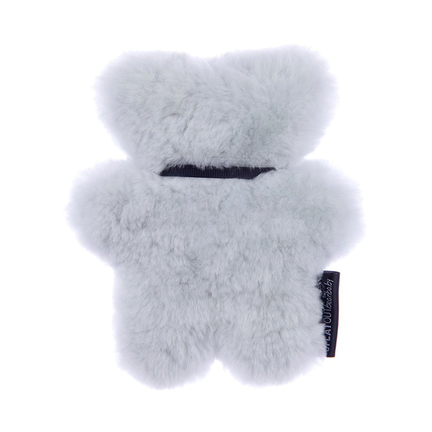 FLATOUT Flat teddy bear in blue, bluey sheepskin bear showing back of newborn comgorter