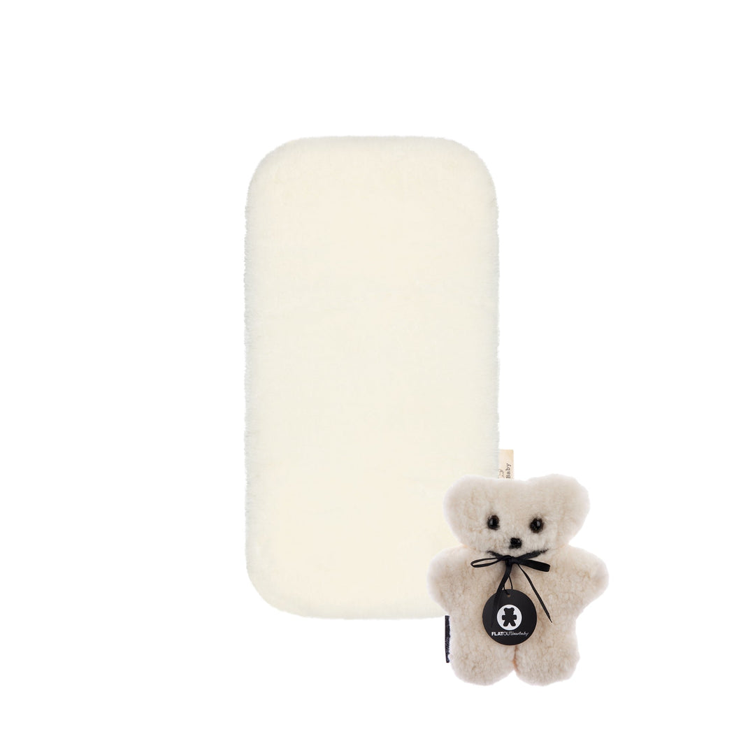 Newborn Gift Set comprising a white sheepskin carrycot liner and a natural sheepskin flat sheepskin teddy bear