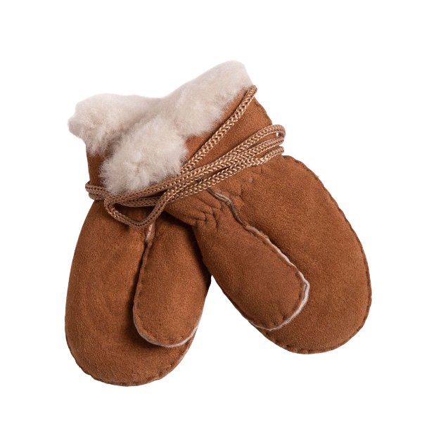 Sustainable Lambskin Mittens with Elasticated Cuff and String in Gender Neutral Brown with Sheepskin Fur Lining