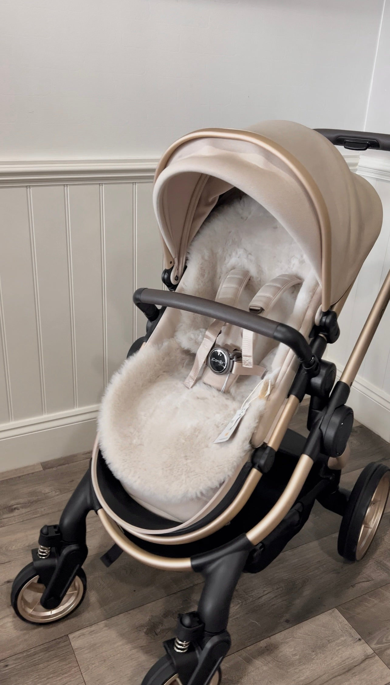 Sheepskin pram liner in the Icandy biscotti pram, neutral and natural shade 