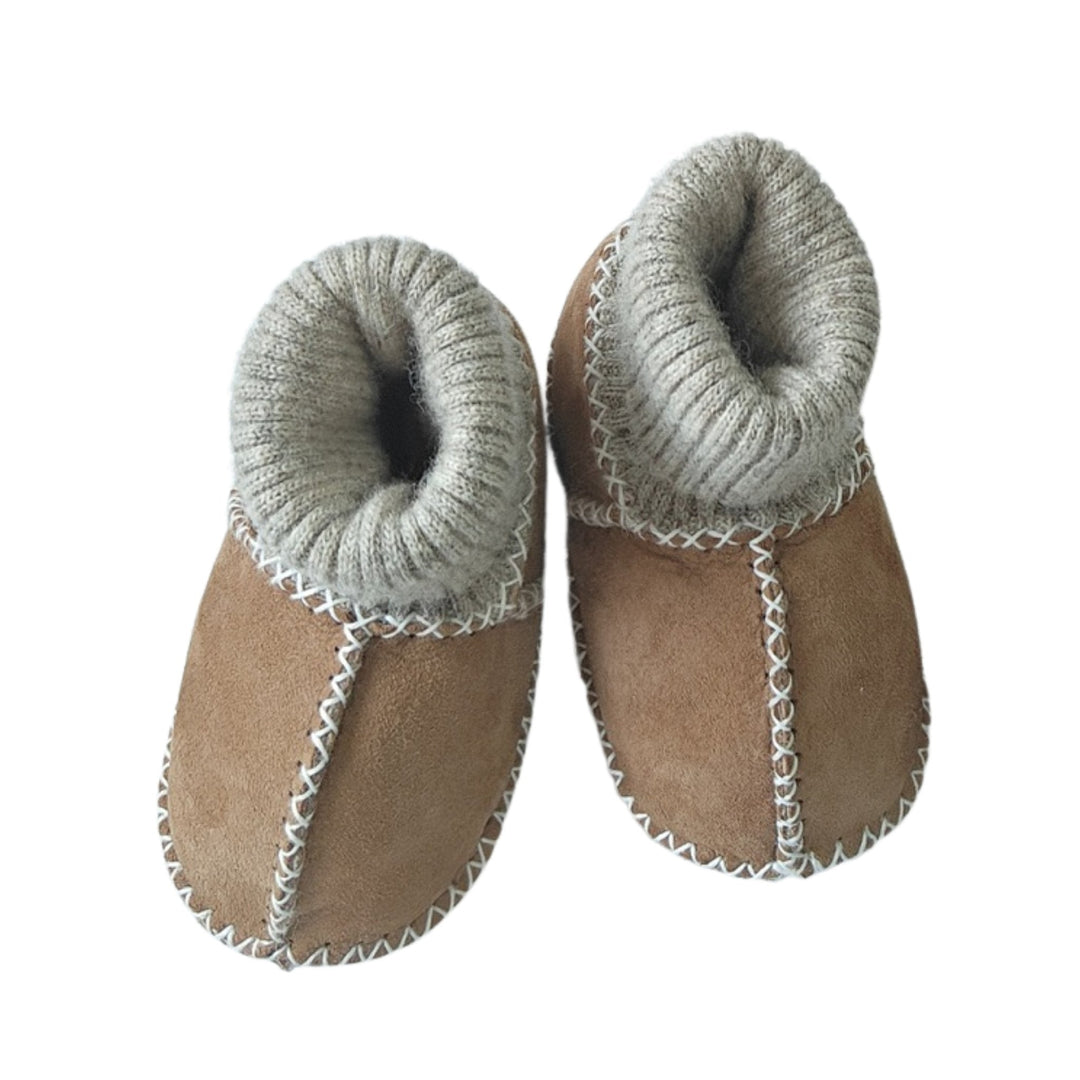 Sheepskin sock bootie slippers for newborns, babies and toddlers,  Super soft sheepskin lined with a supple and soft sole perfect as slippers or pram shoes in a neutral brown beige shade