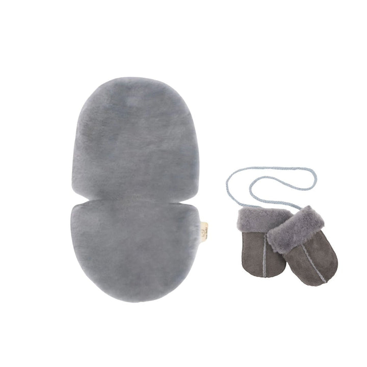 Sheepskin grey pram liner and puddy mittens on string suitable for a baby or toddler